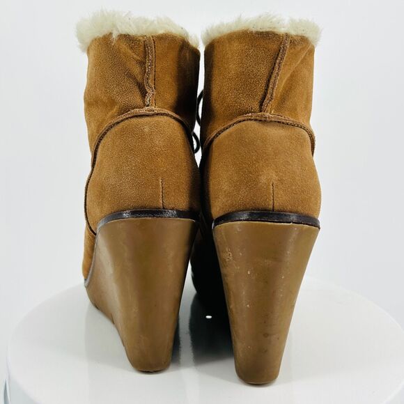 Vintage Y2K Michael Kors Tan Suede Faux Fur Lace-Up Wedge Ankle Boots - Picture 4 of 8